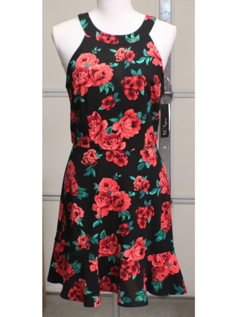 NWT BCX Size 9 Rose Floral Sleeveless Fit Flare Ruffle Bottom Dress Back Keyhole